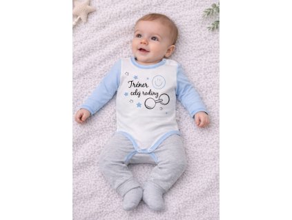 Chlapčenské body s dlhým rukávom s nápisom Tréner celej rodiny, bielo-modré