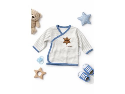 Detská prekladná bavlnená košieľka NICOL s dlhým rukávom, sivý pásikovaný vzor, modré lemovanie, motív Sheriff