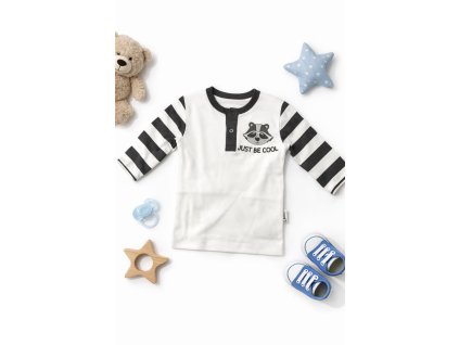 Detské tričko NICOL s dlhým rukávom, biele tričko s čierno-bielymi pruhovanými rukávmi a motívom Just Be Cool
