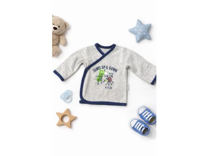 Detská prekladná bavlnená košieľka NICOL sivá s dlhým rukávom, tmavomodré lemovanie, motív Jump Up & Down