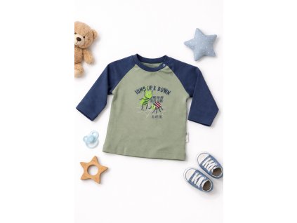 Detské tričko NICOL s dlhým rukávom v zeleno-modrej kombinácii, raglánový strih, motív Jump Up & Down