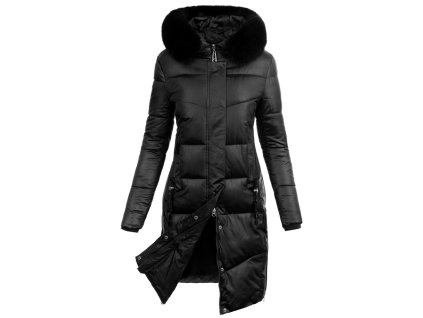 Dámsky dlhý prešívaný zimný kabát s kapucňou a kožušinkou, zapínaním na zips a vreckami.