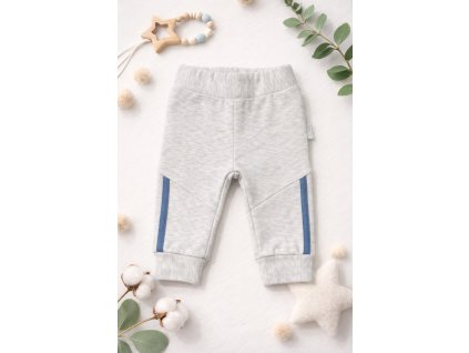 Sivé dojčenské tepláčiky NICOL s elastickým pásom, manžetami a modrým detailom na nohaviciach