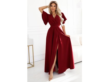 Elegantné dlhé šaty Jennifer s rukávikom, prekladaným výstrihom a rozparkom v rôznych farbách