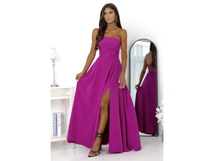 Dlhé spoločenské šaty ROSSANA bez ramienok s rozparkom a šnurovaním na chrbte