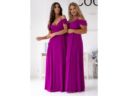 Dlhé spoločenské šaty VALENTINA s odhalenými ramenami a prekladaným výstrihom v elegantnej farbe