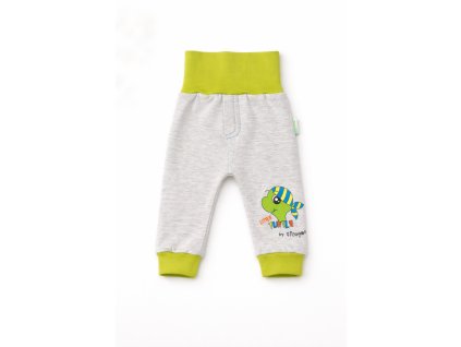 Detské sivé tepláky so zeleným elastickým pásom a manžetami, motív korytnačky Little Turtle