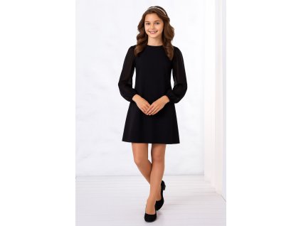 Dievčenské spoločenské šaty s dlhým rukávom v čiernej a bordovej farbe.