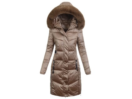 Dámska zimná hnedá bunda Janso s kapucňou a kožušinou, predĺžený strih, veľkosť L