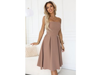 Korzetová midi sukienka bez ramienok s rozšírenou sukňou