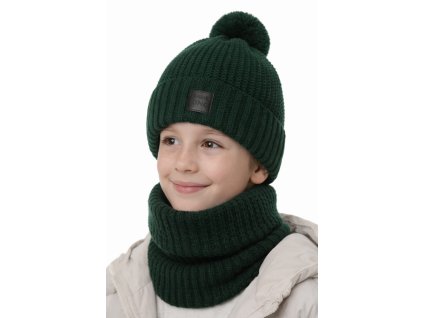 Chlapčenský zelený zimný set čiapka a nákrčník z pleteného materiálu