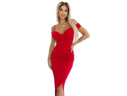 Elegantné midi šaty s odhalenými ramenami, prekladaným dekoltom a priliehavým strihom