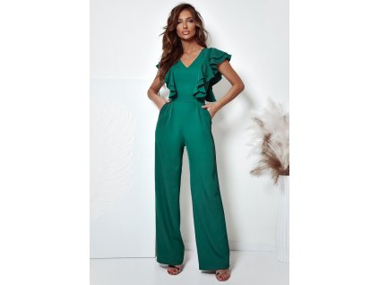 Elegantný dámsky overal s volánmi, výstrihom do V a širokými nohavicami