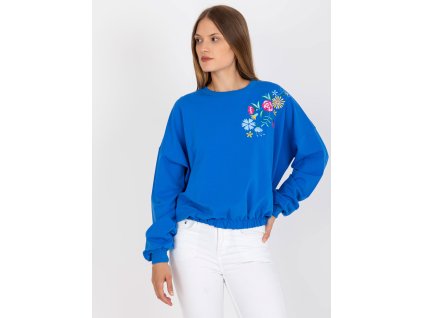 Dámska bavlnená mikina bez kapucne s kvetinovou výšivkou v modrej farbe