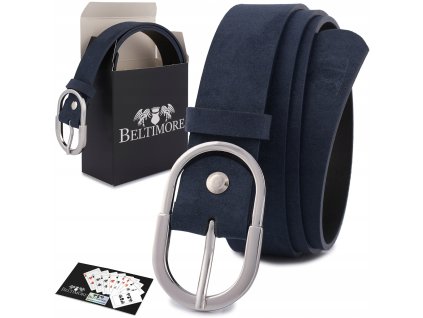 Dámsky kožený opasok Beltimore tmavomodrý semišový so striebornou prackou