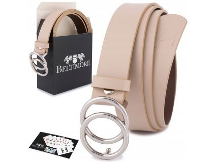 Detail dámskeho koženého opasku Beltimore s dvojitou okrúhlou kovovou prackou v elegantnom prevedení.