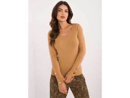 Klasický dámsky sveter s výstrihom do V a ozdobnými gombíkmi na rukávoch