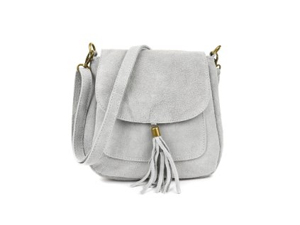 Sivá semišová dámska crossbody kabelka z pravej kože so strapcom a nastaviteľným popruhom