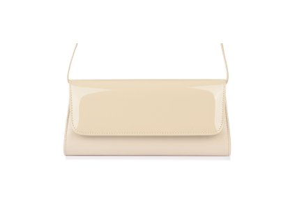 Lakovaná dámska listová kabelka ecru s klopou a ramenným popruhom, elegantná crossbody kabelka pre ženy