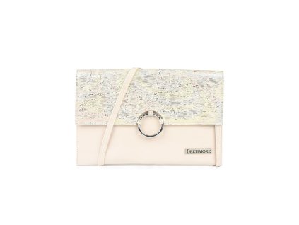 Elegantná dámska listová kabelka Beltimore v odtieni ecru s dekoratívnou klopou a kovovým kruhovým zapínaním, s ramenným popruhom.