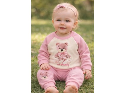 Bábätkový ružový teplákový komplet s medvedíkom pre dievčatko, mikina a tepláky