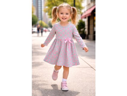 Dievčenské sivé šaty s ružovými bodkami a dlhým rukávom, pohodlné detské šaty na každodenné nosenie