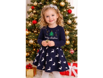 Dievčenské vianočné šaty tmavomodré s motívom Merry Christmas a sobíkov