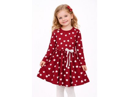 Dievčenské bordové šaty so srdiečkami a mašličkou v páse, veľkosť 110