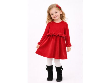 Dievčenské červené velúrové šaty s volánom a dlhým rukávom, veľkosť 104