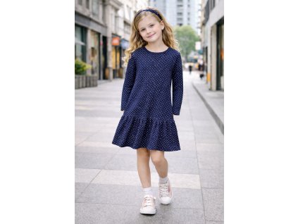 Dievčenské tmavomodré šaty s bielymi bodkami a dlhým rukávom