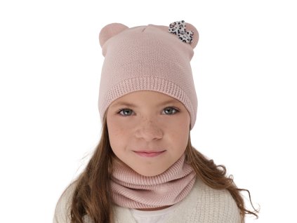 Dievčenský set čiapka a nákrčník s uškami a mašličkou v jemnej farbe
