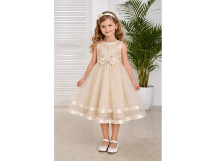 Dievčenské spoločenské šaty krémové s tylovou sukňou pod kolená,