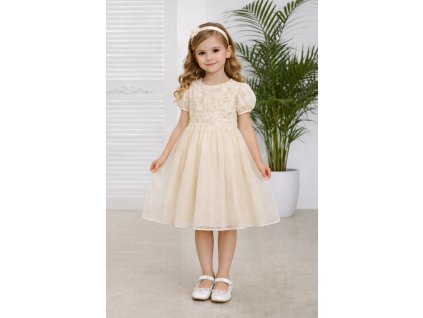 Dievčenské krémové spoločenské šaty s jednoduchou tylovou sukňou po kolená