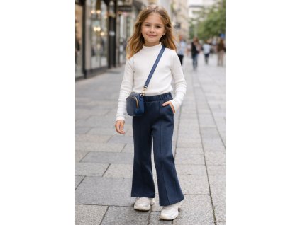 Dievčenské tmavo modré úpletové nohavice s elastickým pásom a prešitím po celej dĺžke nohavíc