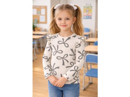 Dievčenské krémové tričko s dlhým rukávom a vzorom sivých mašličiek, volániky na ramenách