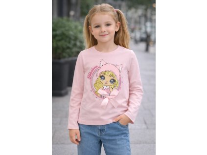 Dievčenské sivé tričko s potlačou a ružovou mašličkou,