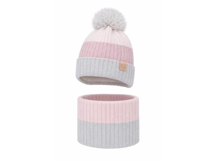 Detský sivo ružový zimný komplet čiapka s brmbolcom a nákrčník podšitý fleesom