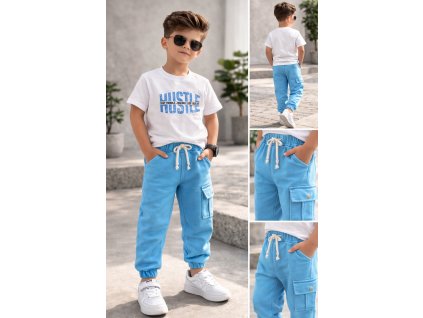 Chlapčenské modré cargo tepláky s elastickým pásom a bočným vreckom
