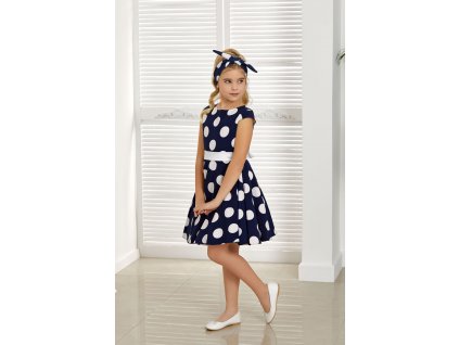 Dievčenské modré šaty s bielymi bodkami, mašľa v páse, elegantný spoločenský strih