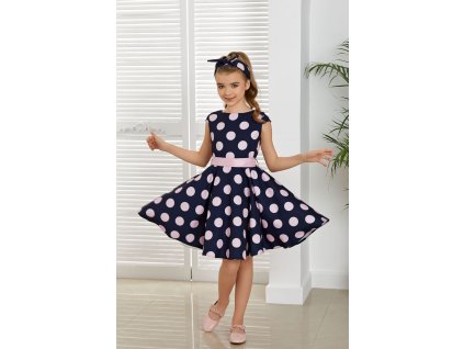 Dievčenské modré šaty s pudrovo ružovými bodkami, viazanie na mašľu v páse, elegantný strih