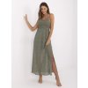 Dámske letné krajkové maxi šaty v olivovej farbe so zaväzovaním a rozparkom