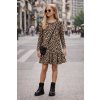 Dievčenské leopardie šaty s dlhým rukávom a volánovým spodným dielom v áčkovom strihu,