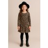 Dievčenské leopardie šaty s dlhým rukávom a volánovým spodným dielom v áčkovom strihu, veľkosť 128–158.