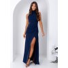 Dlhé elegantné šaty ROXAN s vysokým golierom, riasením a rozparkom na nohe