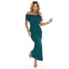 Elegantné midi šaty off-shoulder s mašľou na dekolte vo fľaškovej zelenej farbe.