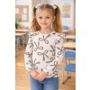 Dievčenské krémové tričko s dlhým rukávom a vzorom sivých mašličiek, volániky na ramenách