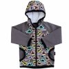 detská softshellová bunda Rockino s dinosaurovým vzorom sivá s kapucňou