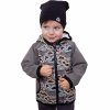 detská softshellová bunda Rockino s dinosaurovým vzorom sivá s kapucňou