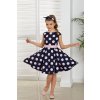 Dievčenské modré šaty s pudrovo ružovými bodkami, viazanie na mašľu v páse, elegantný strih