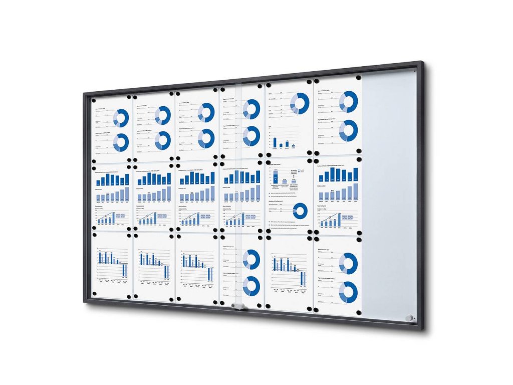 Interiérová vitrína 21xA4 SLIM, posuvné dveře, plechová záda, antracit (RAL7016) SCSLG21xA4C7016JS